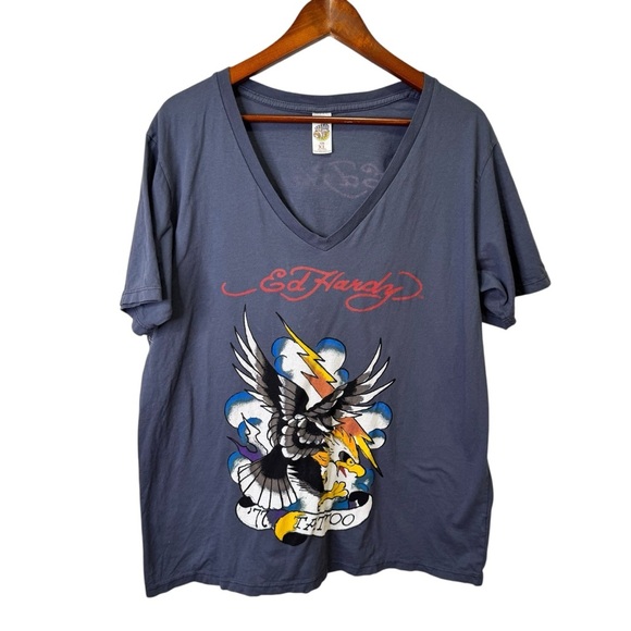 Vintage Y2K Don Ed Hardy By Christian Audiegier Tattoo Vneck Tshirt Size XL - Picture 1 of 9